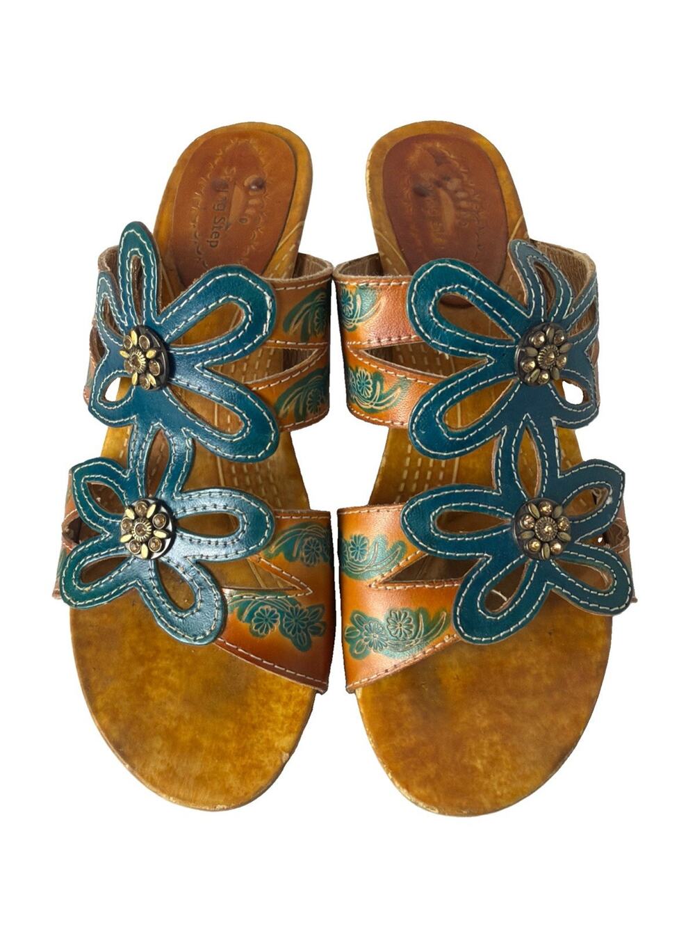 Spring Step Carlina Leather Floral Slide Sandals Turquoise Brown EU 38 US 7.5-8